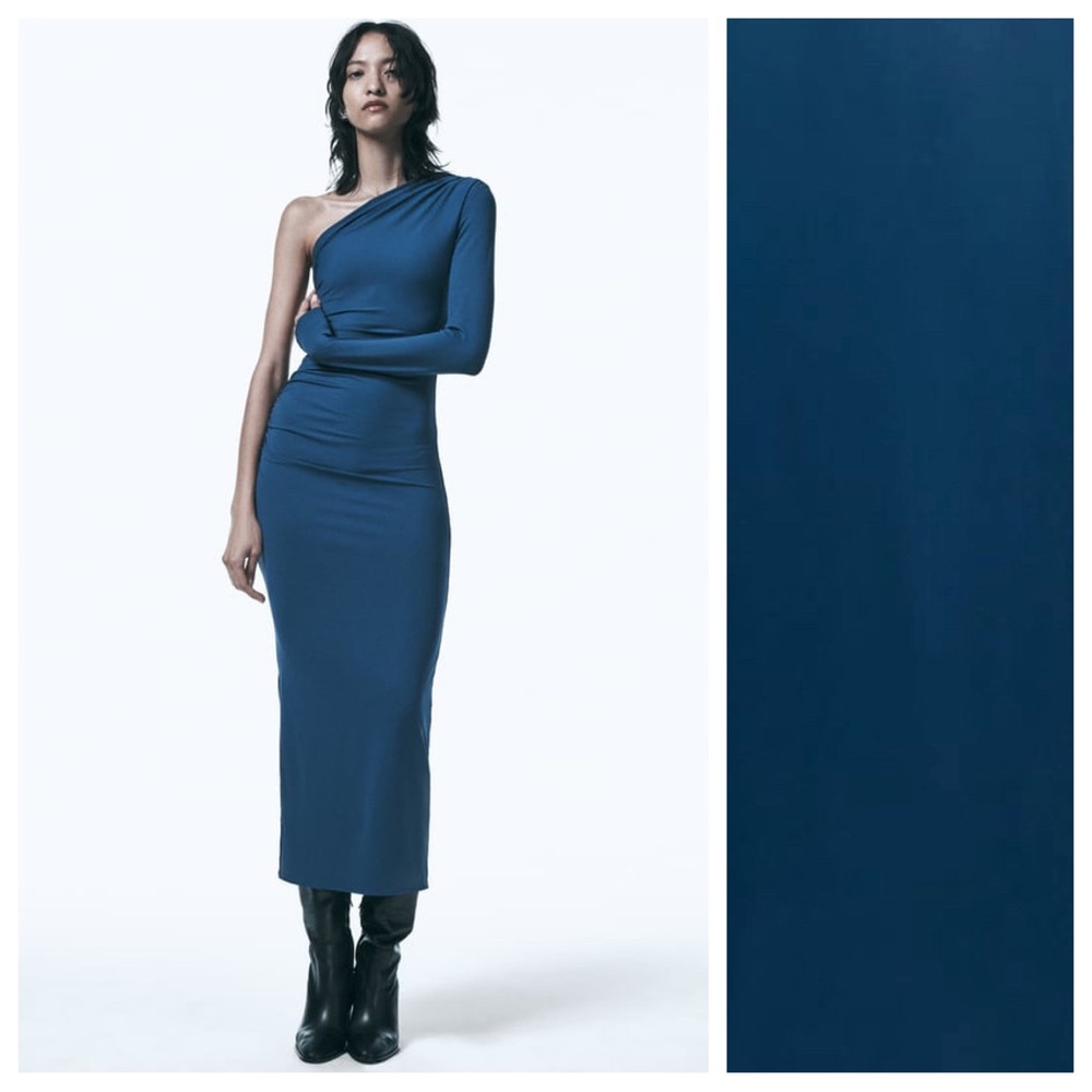 NWT. Zara Petrol Blue Asymmetric Polyamide Midi Dress. Size M.